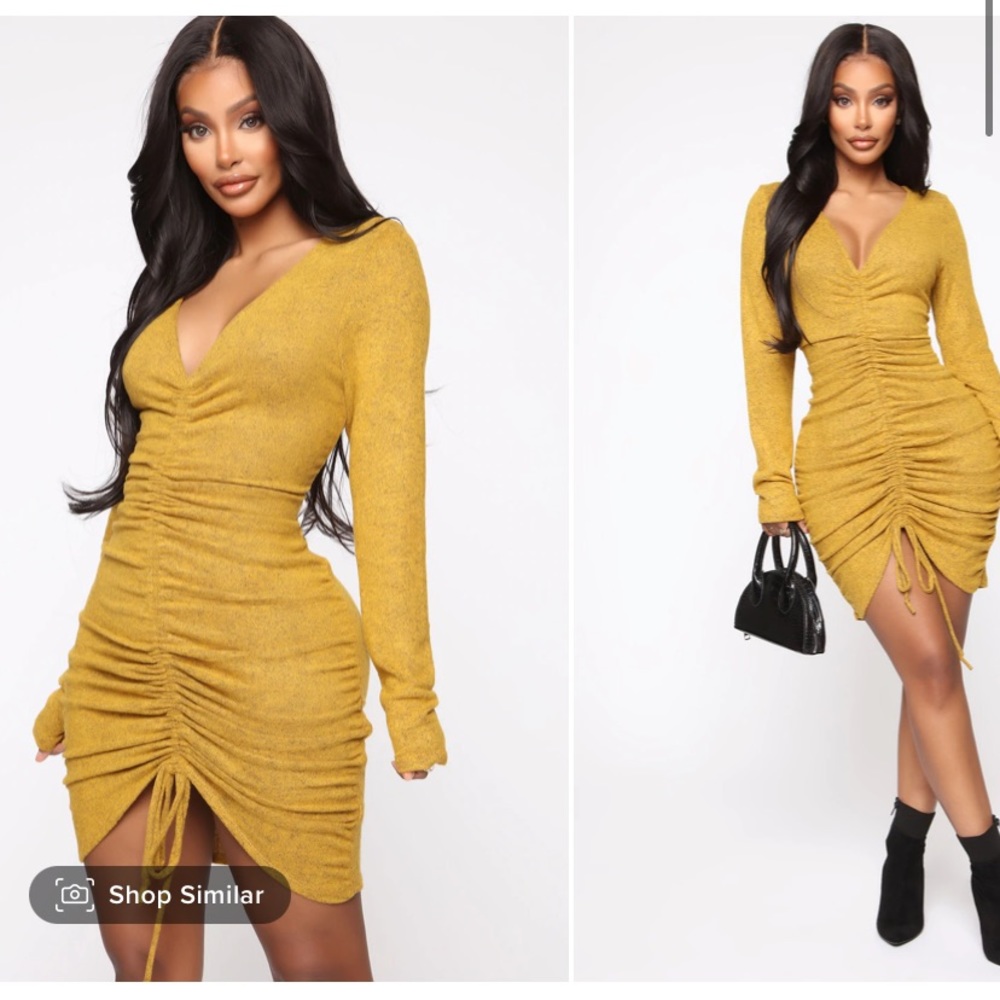 Mustard Ruched Midi Dress